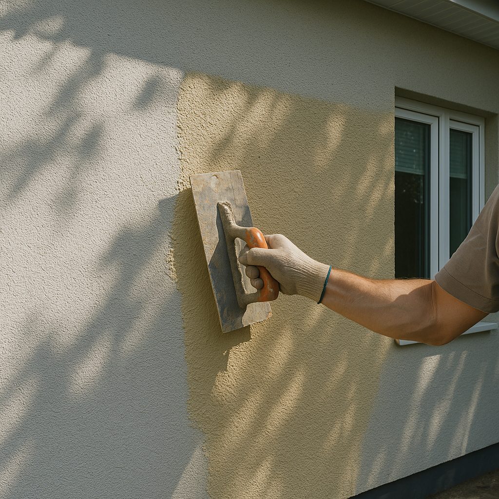 Pose d'enduits extérieur en chantier