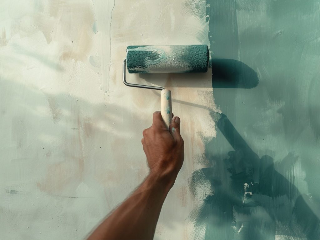 Repeinte d'un mur avec de la peinture vert